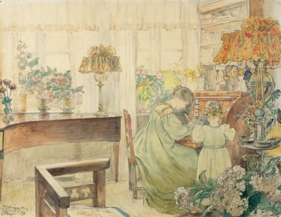 Marie and Vibeke Kroyer at the Desk in the House at Skagen Plantation by Peder Severin Krøyer